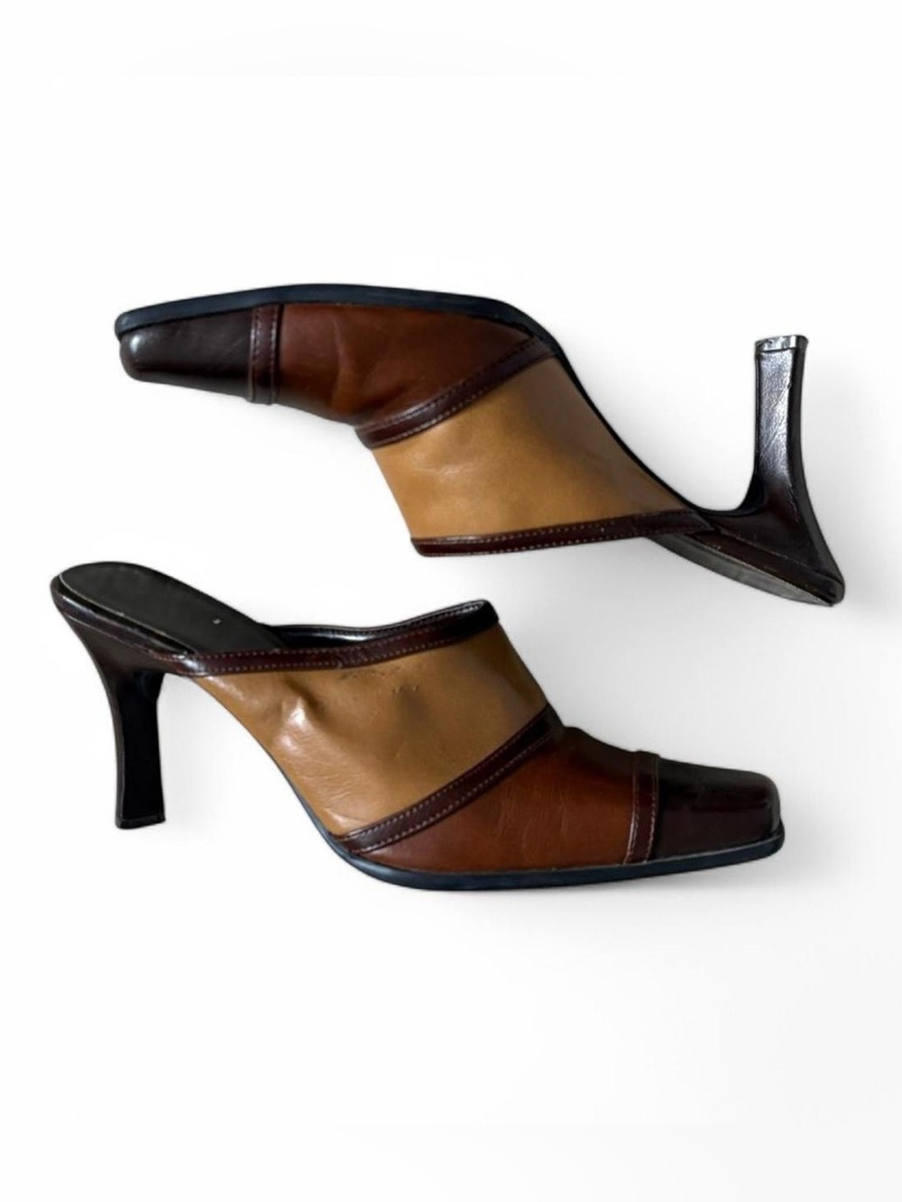 Brown and tan faux leather heels